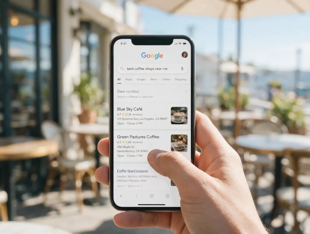 Móvil con resultados de búsqueda locales de Google en una terraza junto al mar