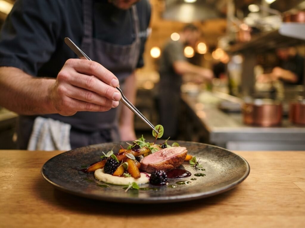 Cocinero terminando un plato con pinzas en la cocina abierta de un restaurante