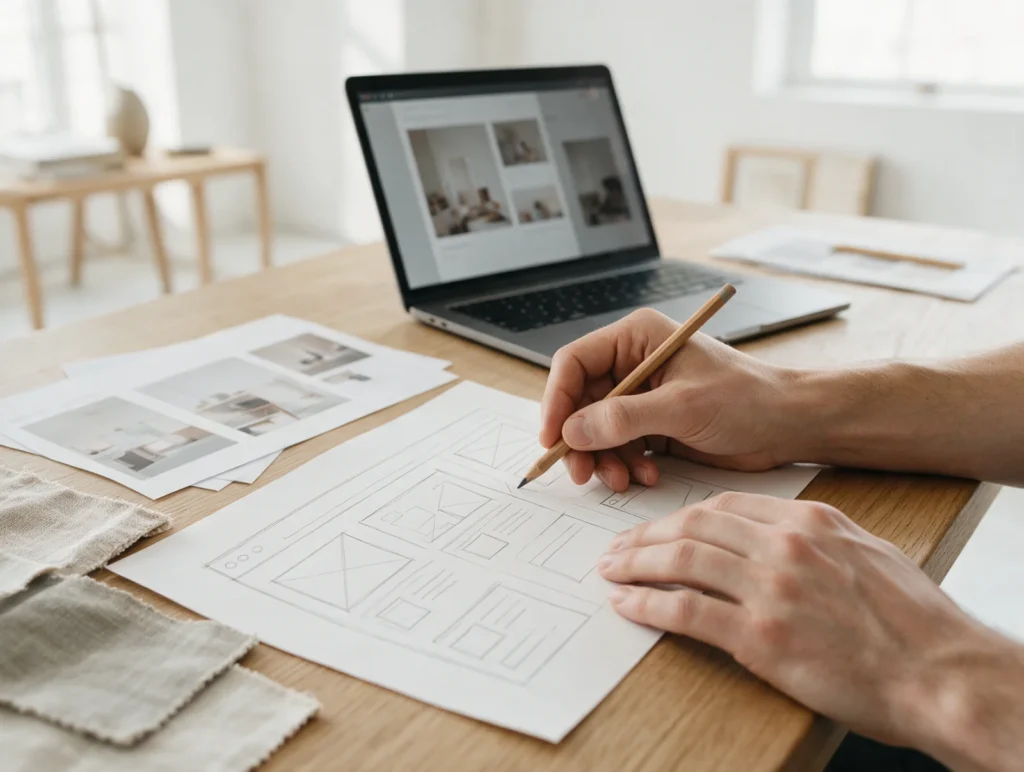 Boceto a mano de la estructura de una página web junto a un portátil